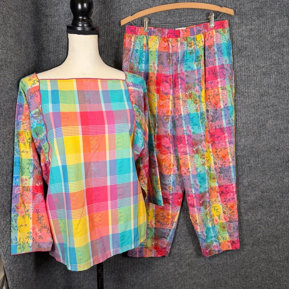 Vintage 70s Applause III Marge Kane 2Pc Pant Set Madras Plaid Floral Tunic Mod